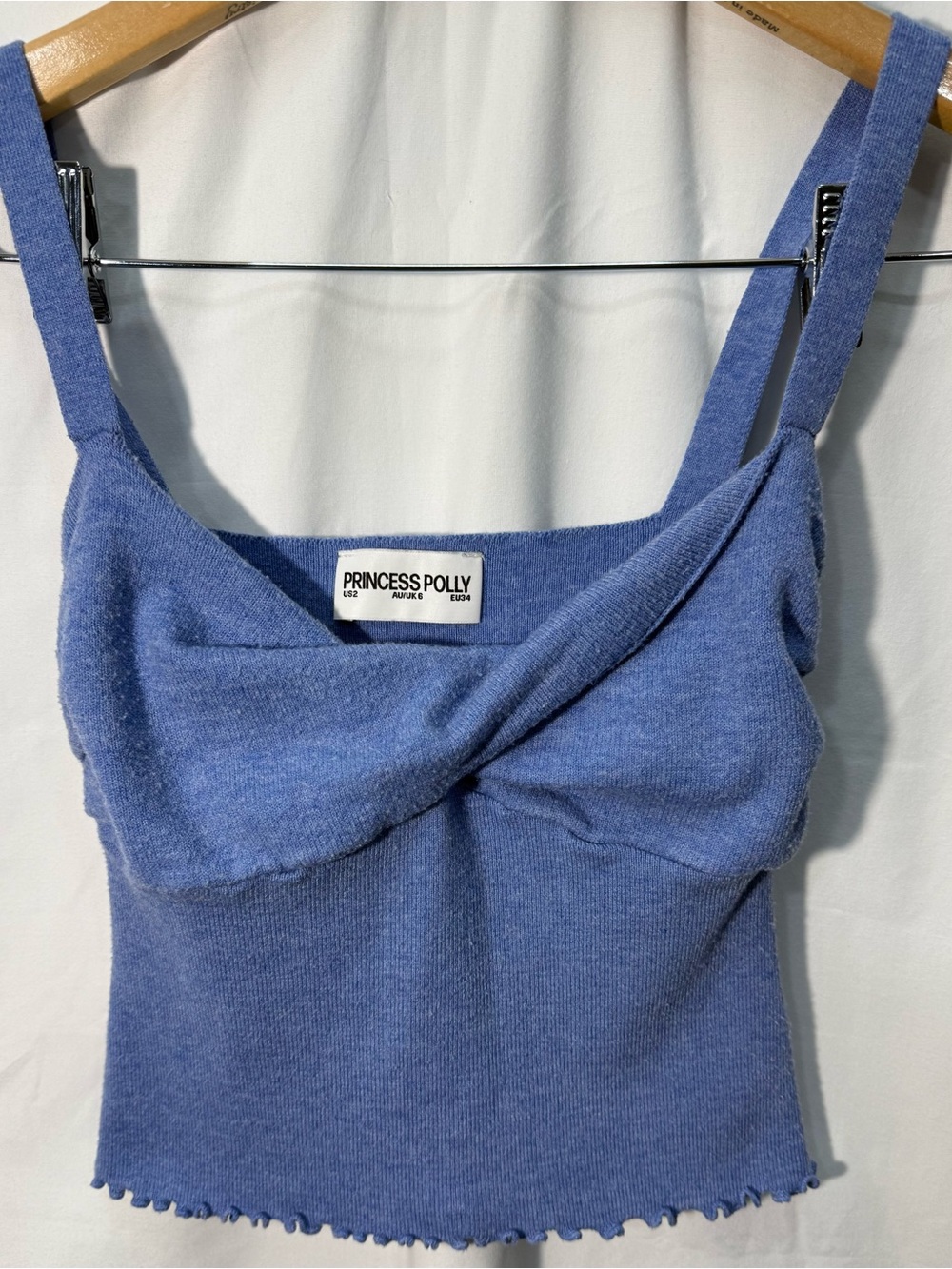 Princess Polly Blue Knit Crop Top US 2 Twist Front Lettuce Hem Strappy Y2K
